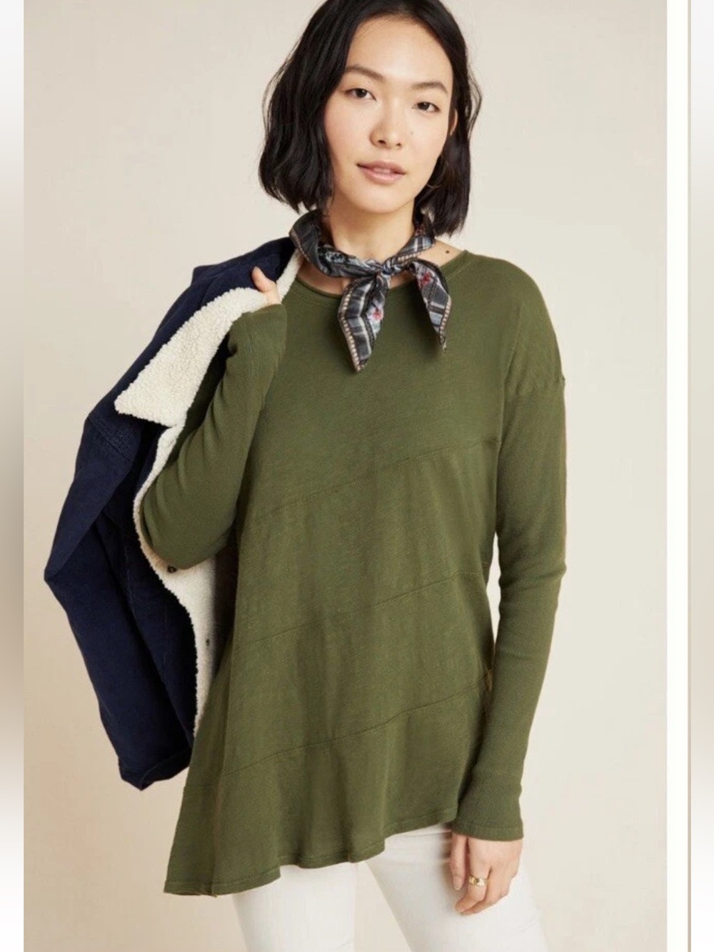 Amadi for Anthropologie Paula Seamed Asymmetrical Tee in Olive Green Size Small